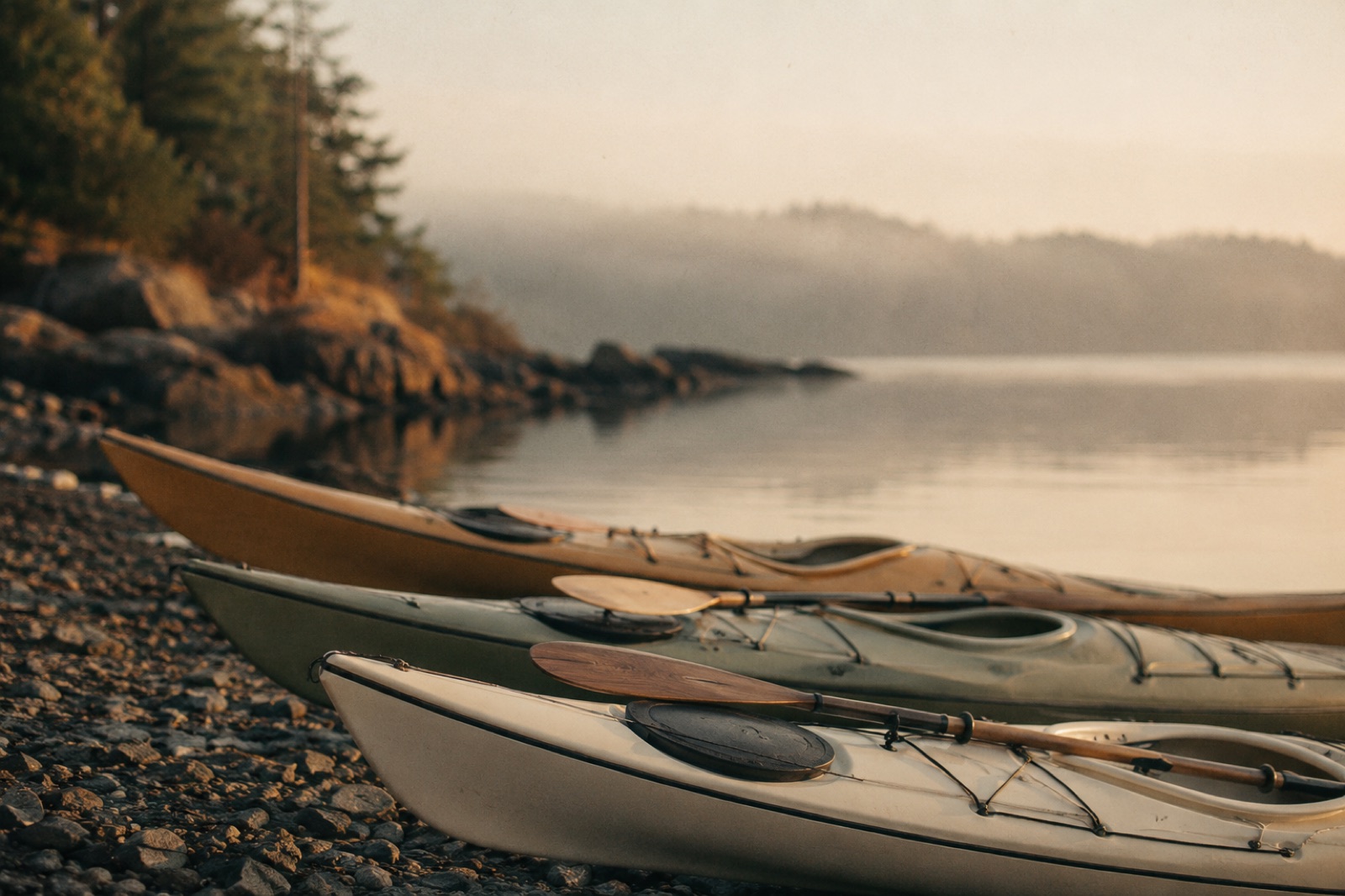 Kayaks resting on a quiet pebble shoreline at first light