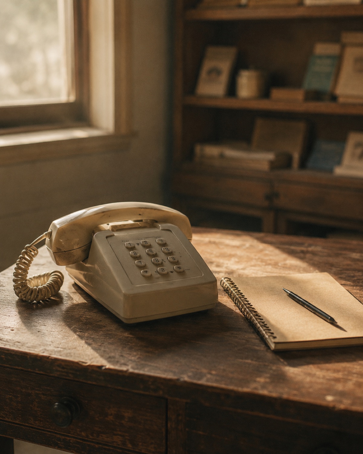 A telephone on a worn wooden desk in a small shop office